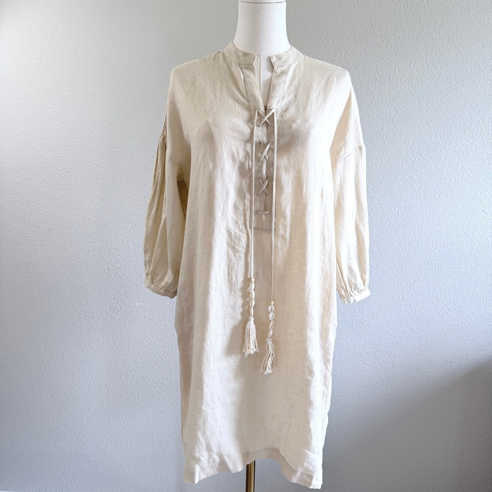 Magaschoni Tunic Linen Lace Up‎ Dress Cream Shell Tassel Peasant Summer Tunic XS